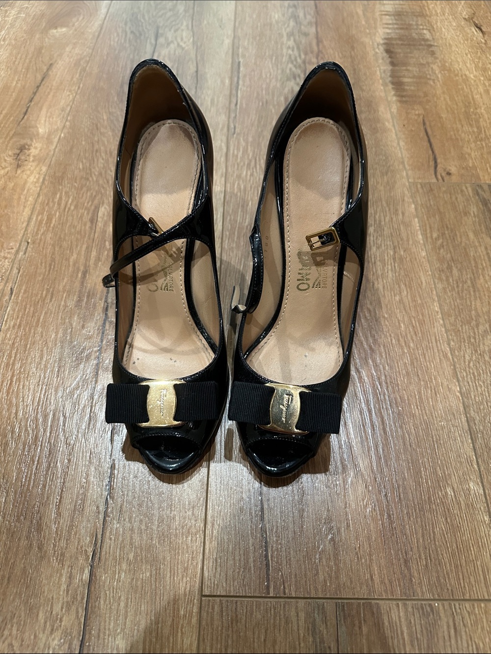 Salvatore Ferragamo Black Patent Leather Peep-Toe Pumps with Bow